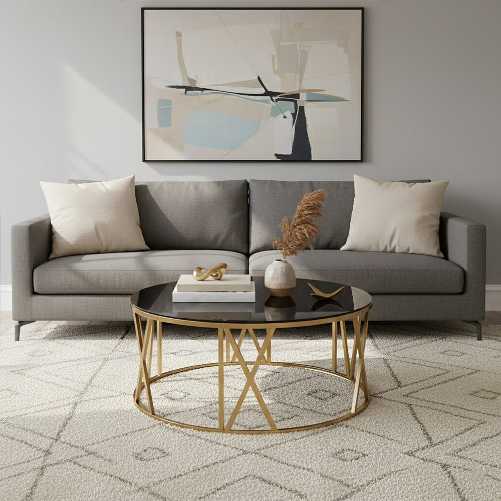Premier Housewares Black Glass Top Round Coffee Table with Gold Frame Image 2