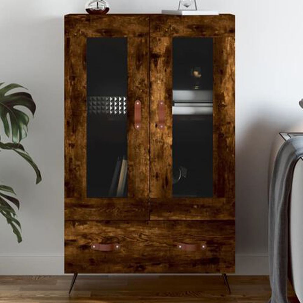 vidaXL 2 Glass Door Single Drawer Smoked Oak Highboard Image 1
