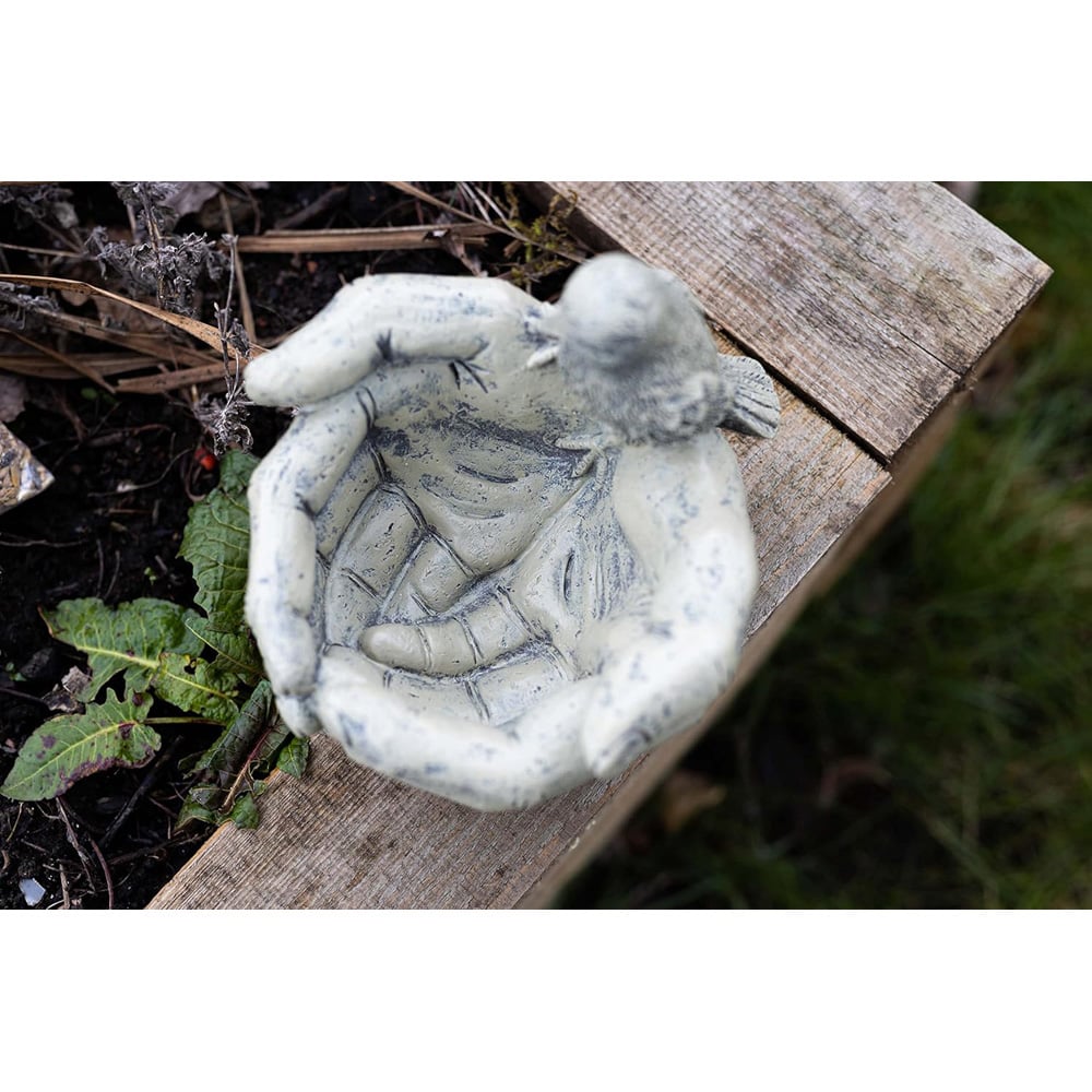 Marco Paul Stone Effect Resin Open Hands with Robin Bird Seed Feeder Image 3