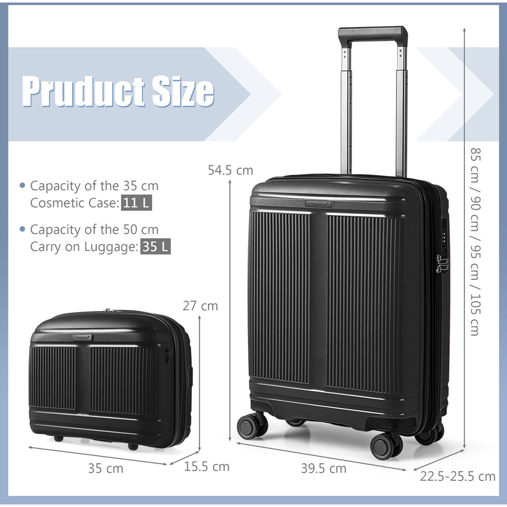 Costway Set of 2 Black Cosmetic Case Luggage Set Image 9
