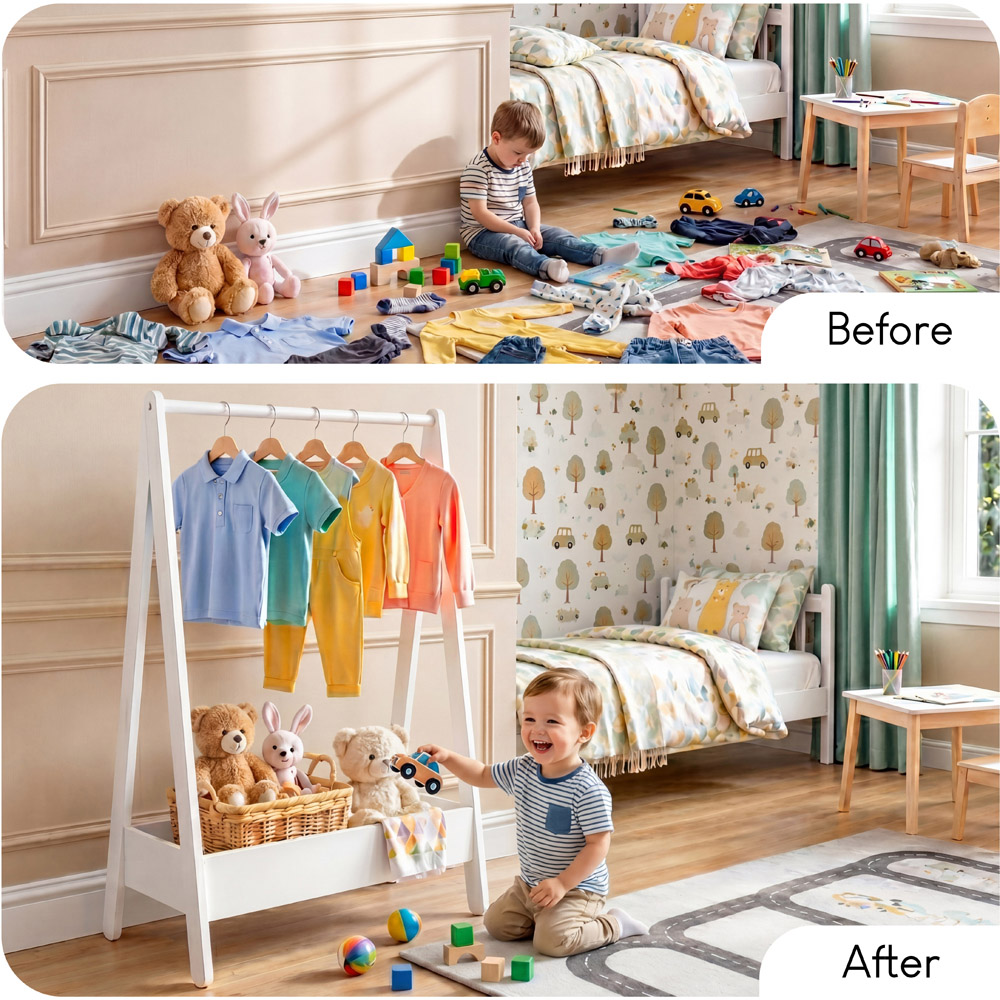 JUNIOR VIDA White Kids Clothes Rack with Storage Shelf Image 6