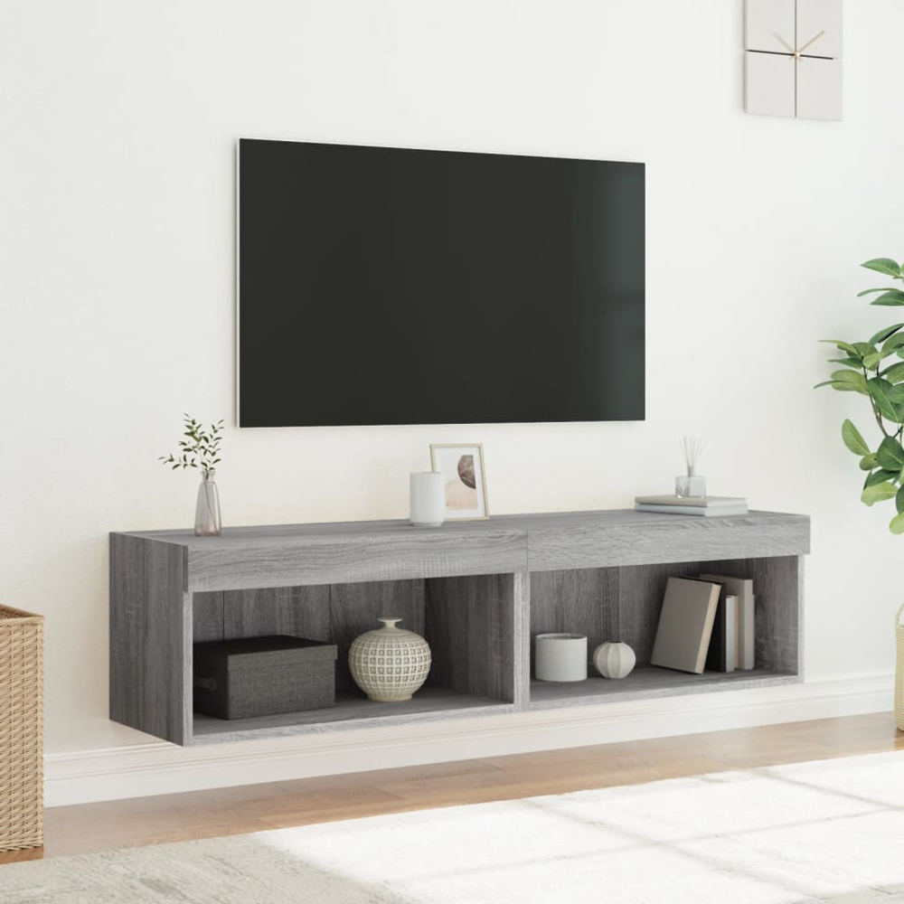 vidaXL Single Shelf Grey Sonoma Wall Mounted TV Cabinet with LED Lights Set of 2 Image 7