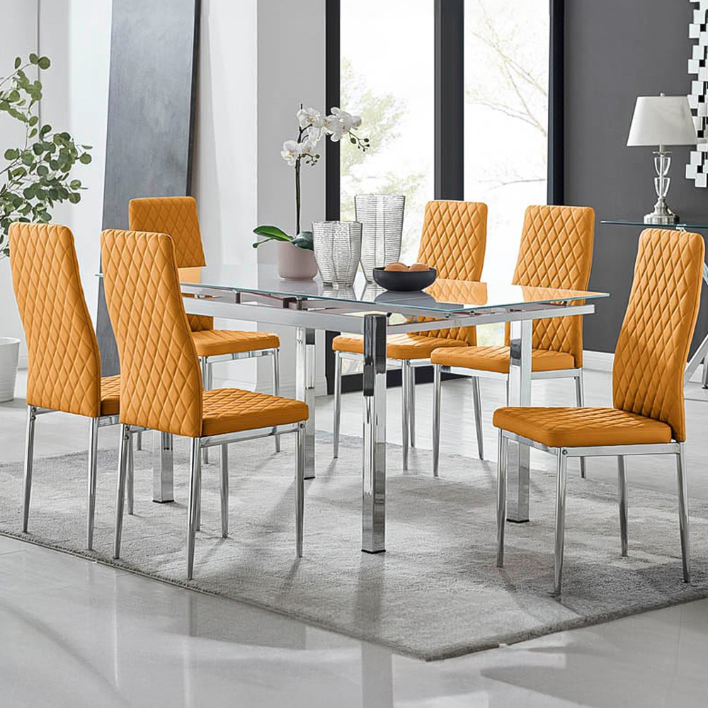 Furniturebox Fonti Valera 6 Seater Dining Set Mustard Yellow and Chrome Image 1