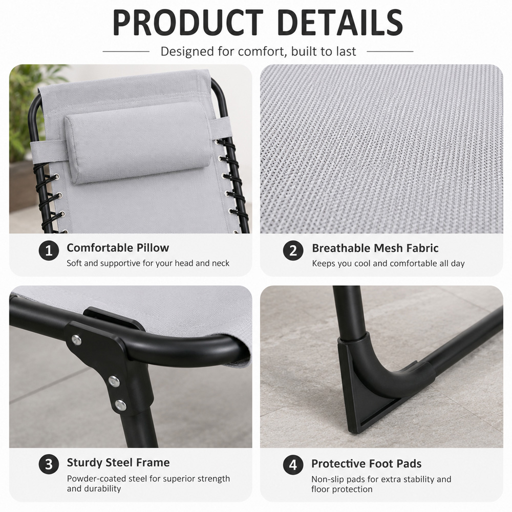 Shatchi Grey Foldable Sun Lounger with Adjustable Backrest Image 4