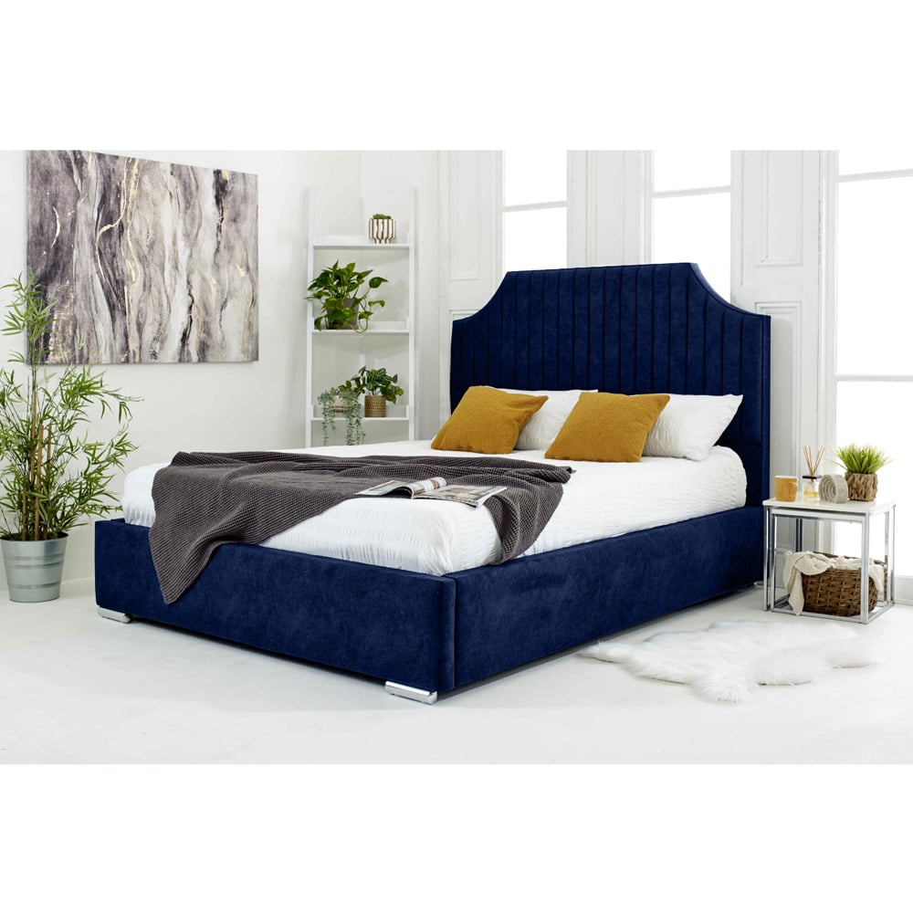 Eleganza Ascend Super King Size Blue Plush Velvet Bed Frame with Lined Headboard Image 5