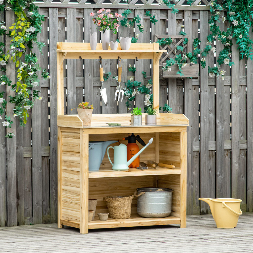 Outsunny Natural Wooden Potting Workstation Bench with Hooks Image 2