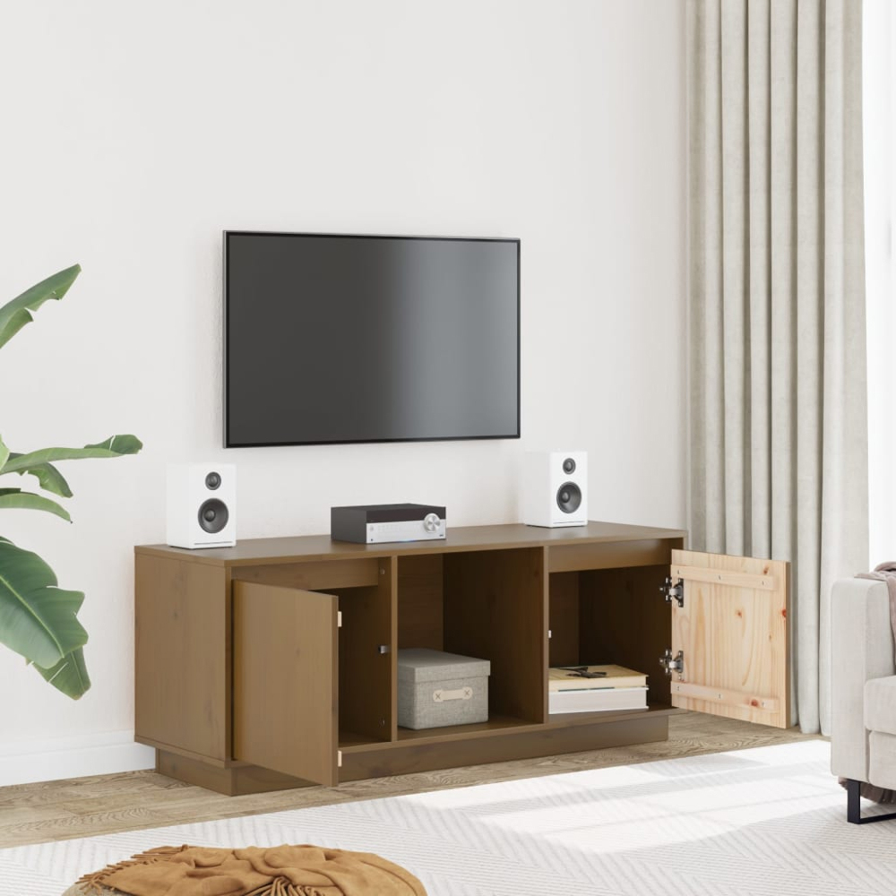 vidaXL 2 Door Single Shelf Honey Brown Solid Pine Wood TV Cabinet Image 3