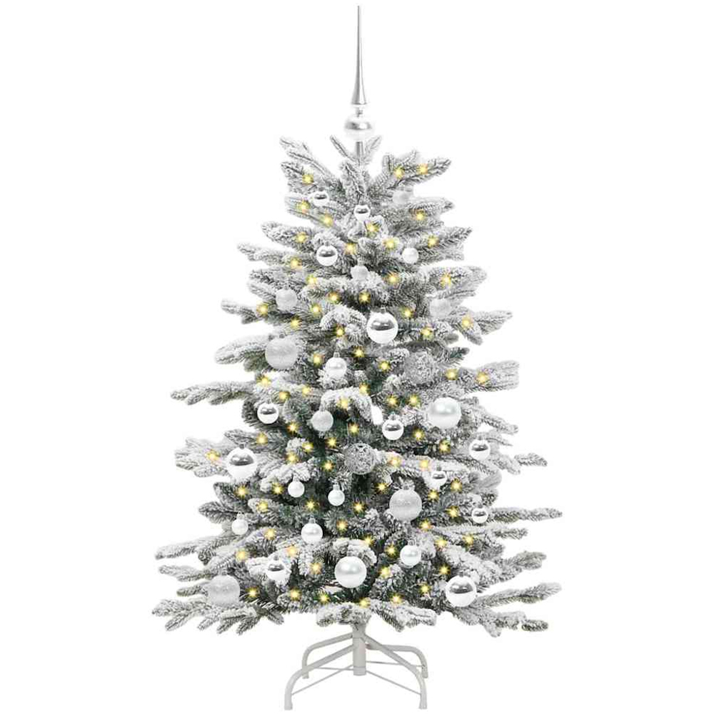 vidaXL Pre-Lit Silver Baubles White Artificial Snow Flocked Christmas Tree 4ft Image 1