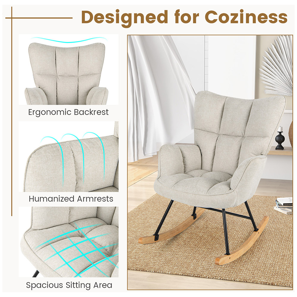Costway Beige Linen High Backrest Nursery Rocking Chair Image 4