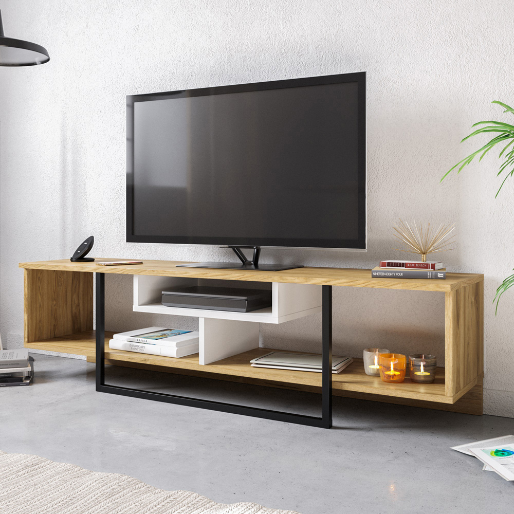 Decorotika Asal 3 Shelf Oak and White Black Modern TV Unit Image 1