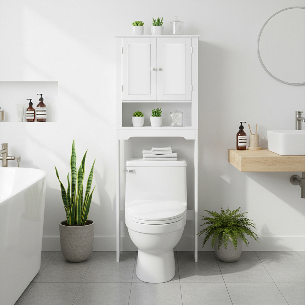 Living and Home 2 Door Single Shelf White Over The Toilet Storage Cabinet Image 7