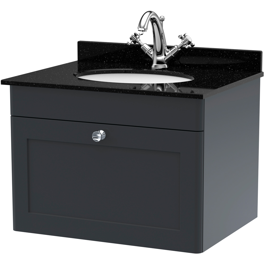 nuie Classique Single Drawer Soft Black Wall Hung Unit and 1 Tap Hole Marble Basin 600mm Image 1