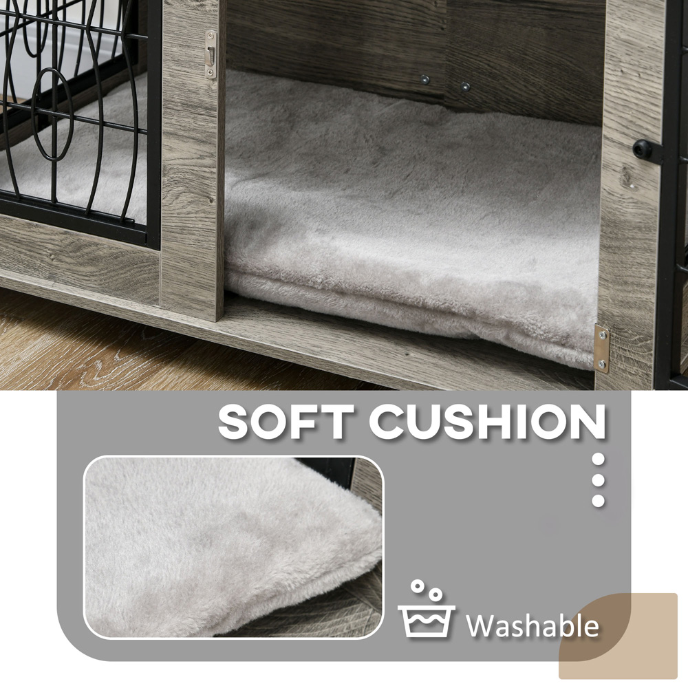 PawHut Grey Dog Crate End Table with Cushion 75cm Image 6