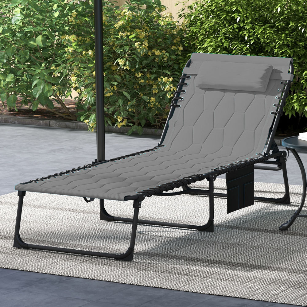 Outsunny Grey Foldable Recliner Sun Lounger with Side Pocket Image 1