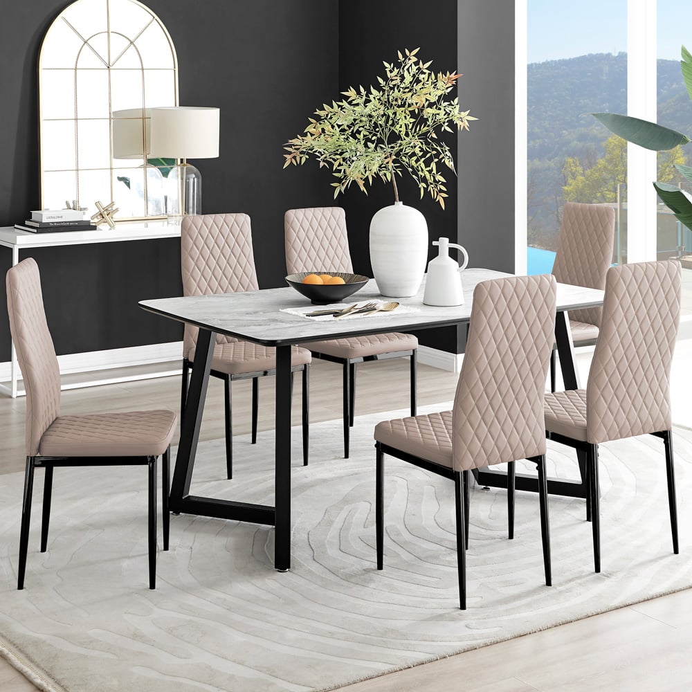 Furniturebox Copeland Valera Marble Effect 6 Seater Dining Set White Cappuccino and Black Image 1