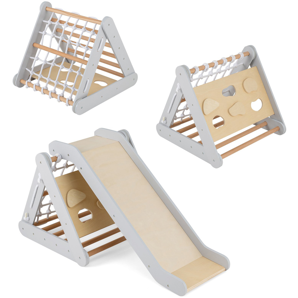 Costway 4 in 1 Grey Wooden Triangle Toddler Climber with Ramp Image 3