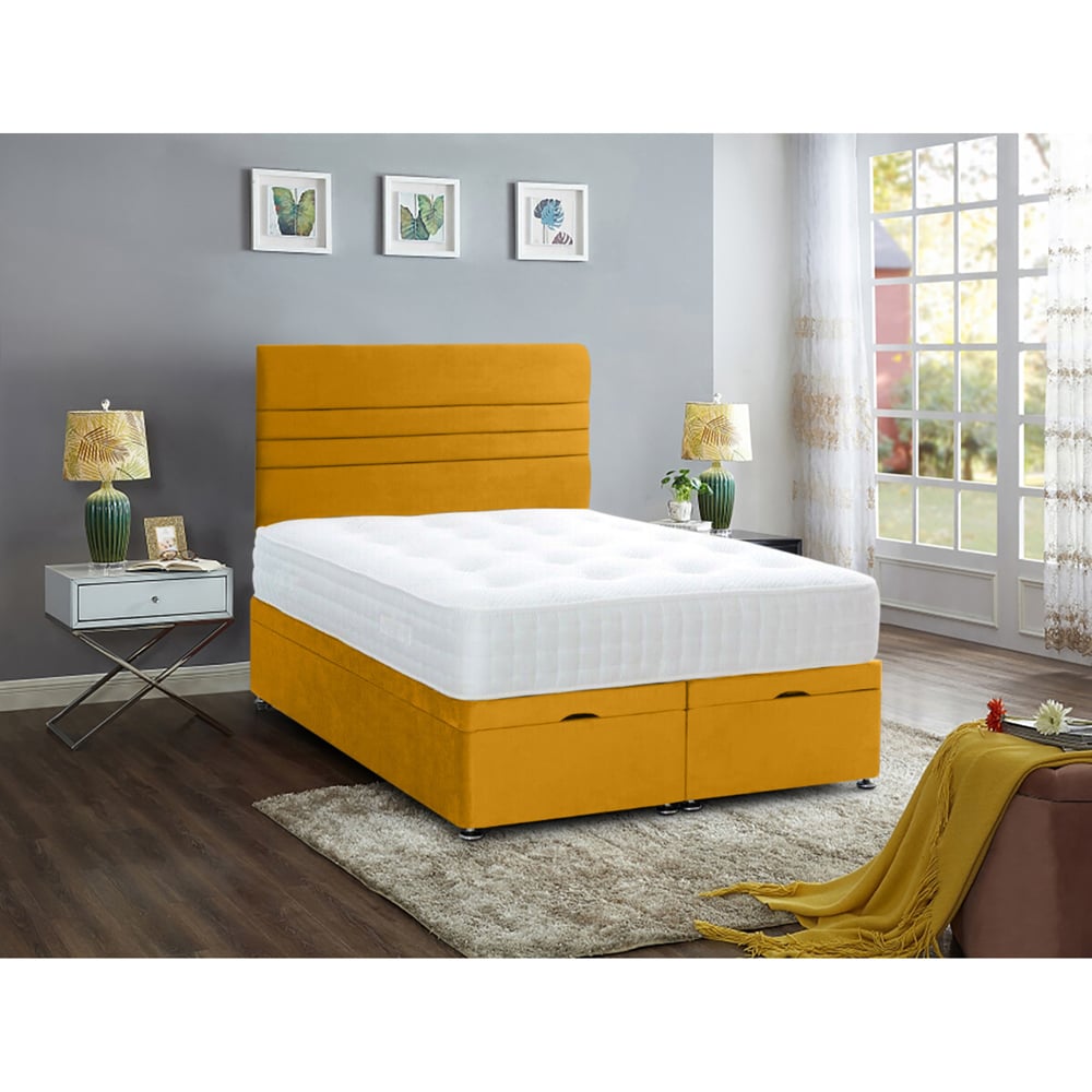 Eleganza Home Napster King Size Mustard Plush Velvet Divan Ottoman Bed with Lined Headboard Image 2