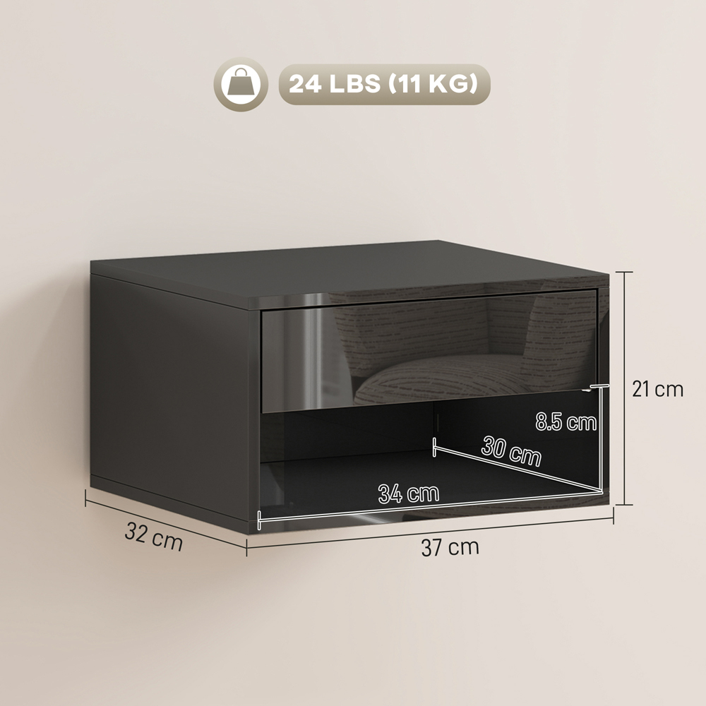 Portland Single Drawer Single Shelf High Gloss Black Floating Nightstand Set of 2 Image 9