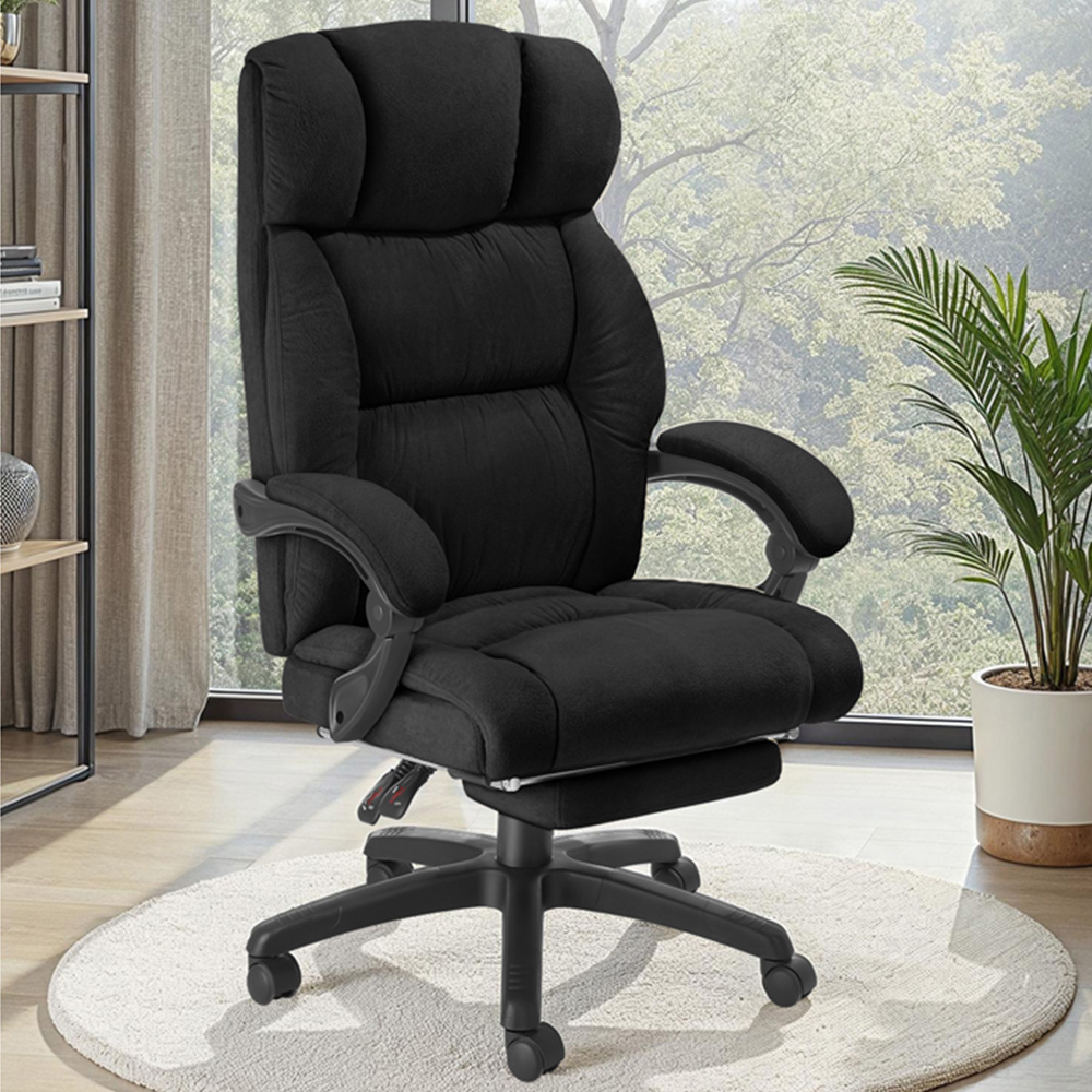 tectake Gillian Black Swivel Velour Seat Office Chair with Folding Footrest Image 1