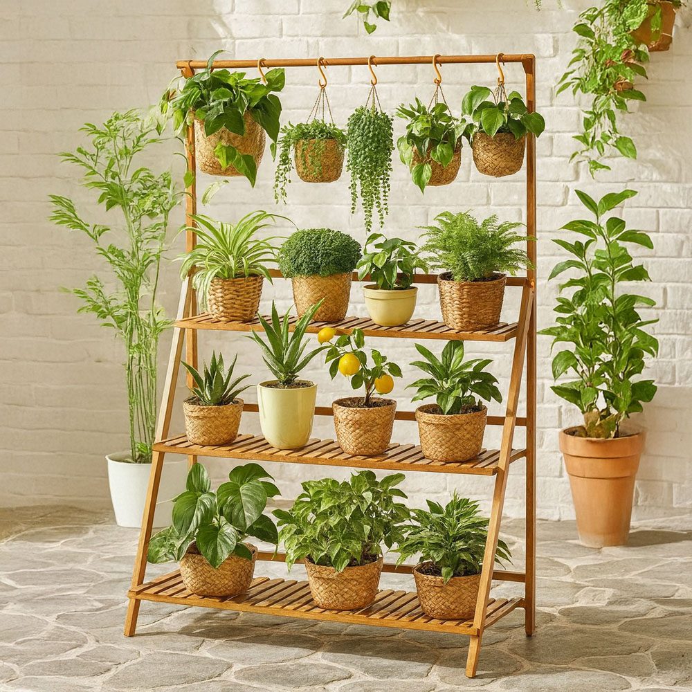 Neo 3 Tier Foldable Bamboo Plant Stand with Hanging Hook Image 5
