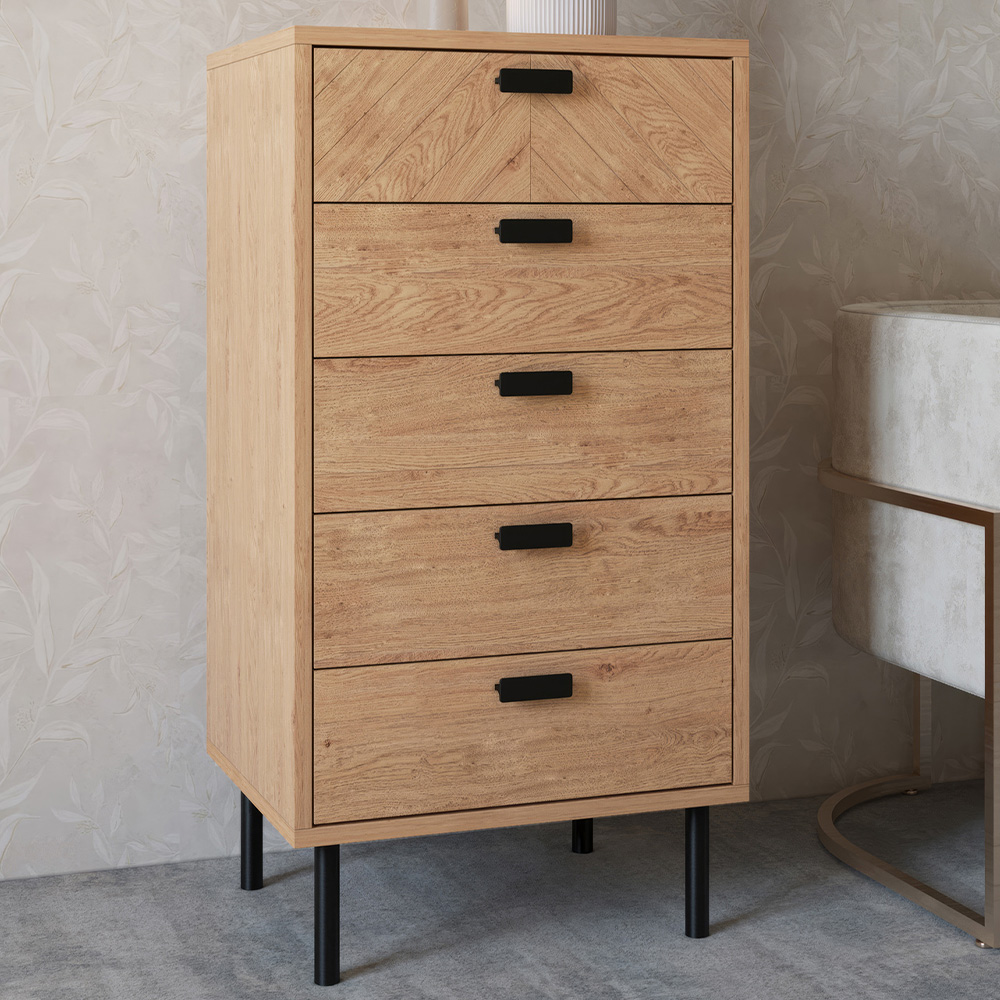 Seconique Leon 5 Drawer Medium Oak Effect Narrow Chest of Drawers Image 1