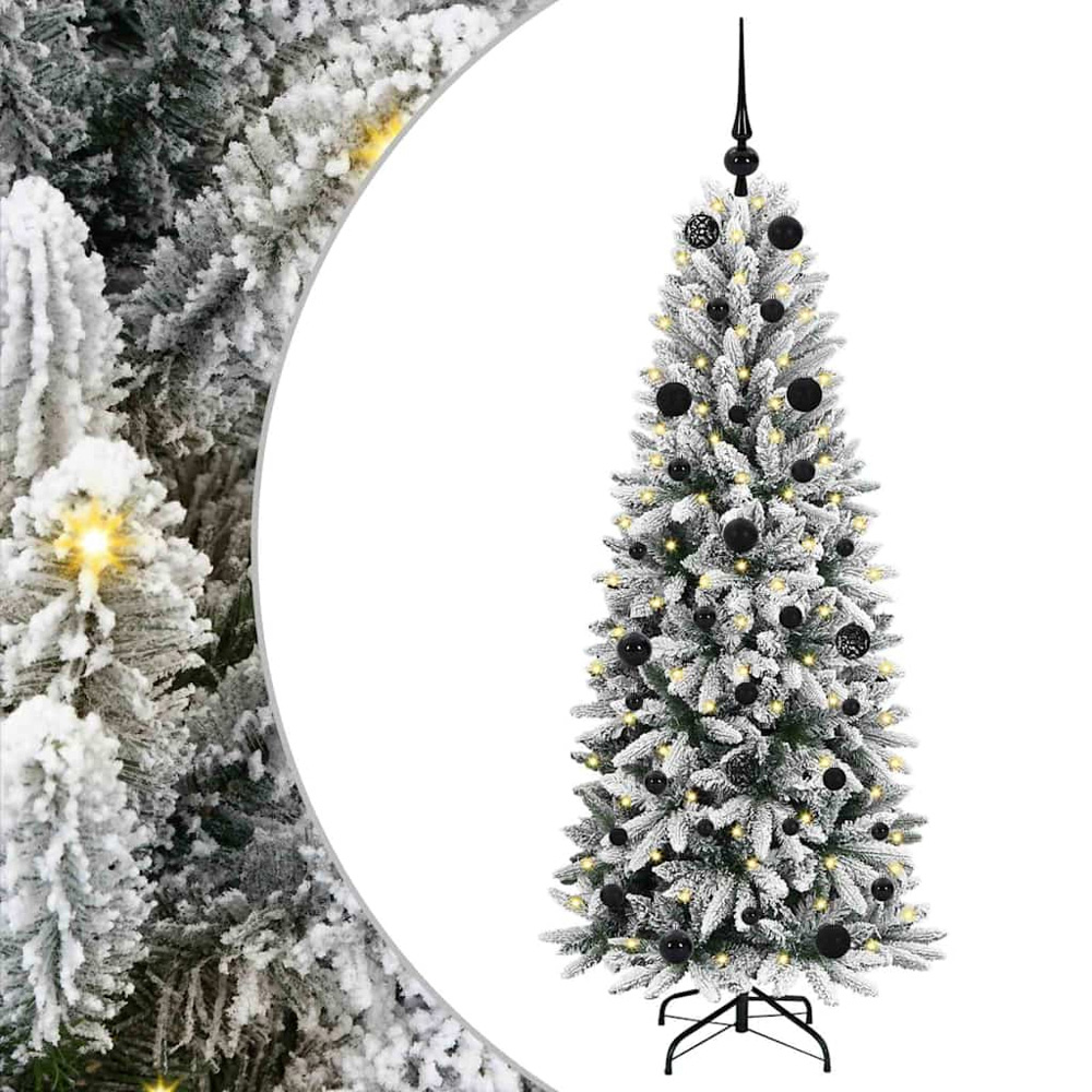 vidaXL Pre-Lit Black Baubles Artificial Snow Flocked Christmas Tree 5ft Image 2