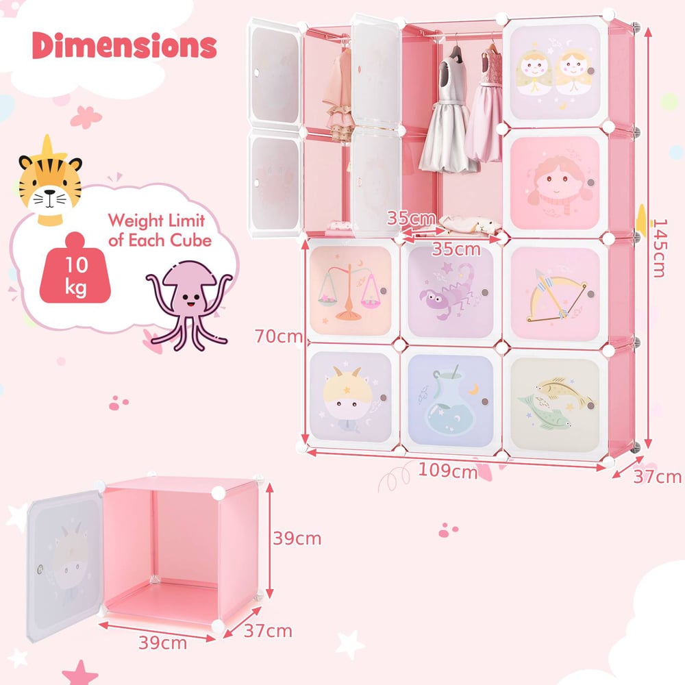 Costway 12 Cube Pink Kids Portable Wardrobe Image 9
