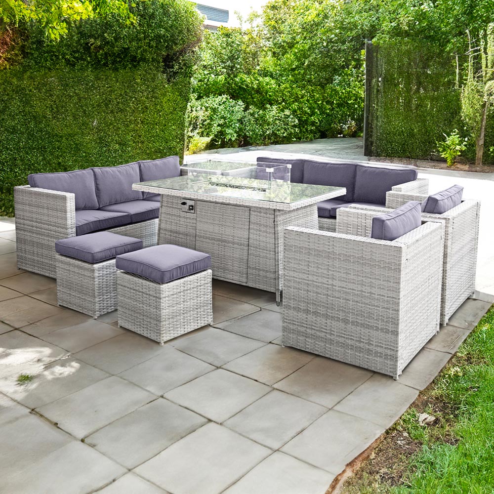 Oseasons Malta 10 Seater Sandy White and Deep Purple Rattan U-Shaped Sofa Set with Firepit Image 1