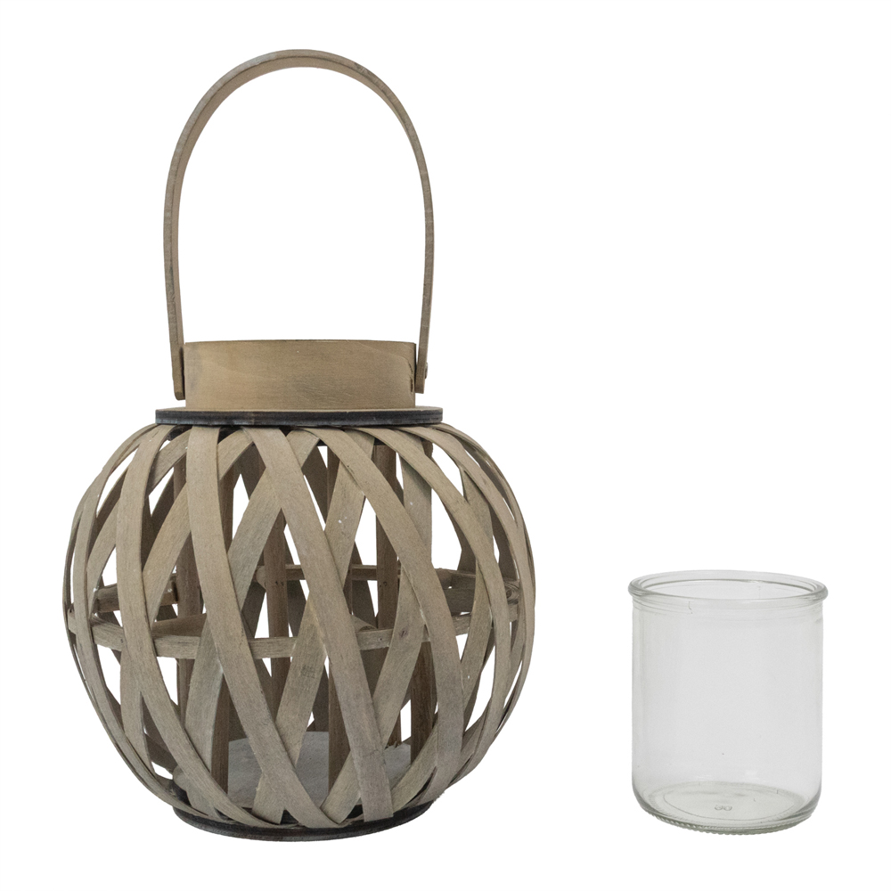 JVL Luna Antique Wash Natural Wood Round Lantern with Handle 2 Pack Image 3