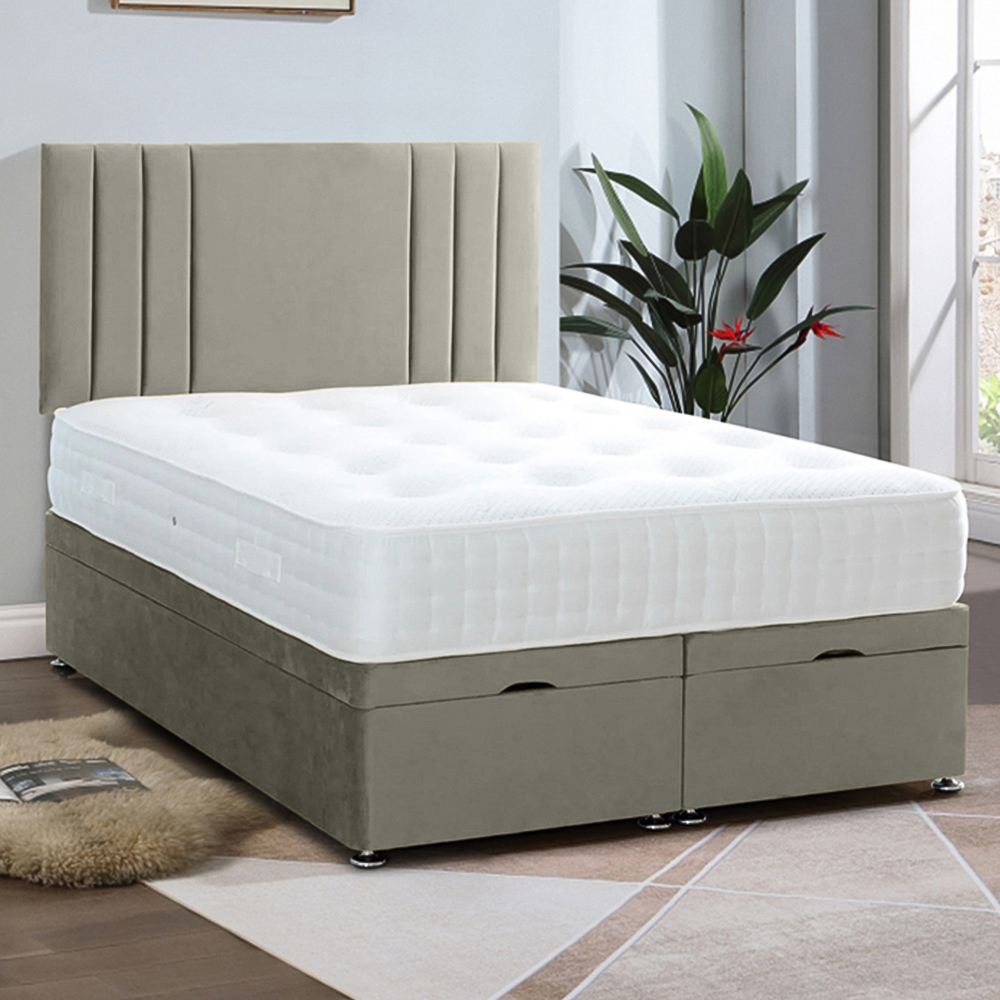 Eleganza Home Slumberlyn King Size Grey Plush Divan Ottoman Bed with Lined Headboard Image 1