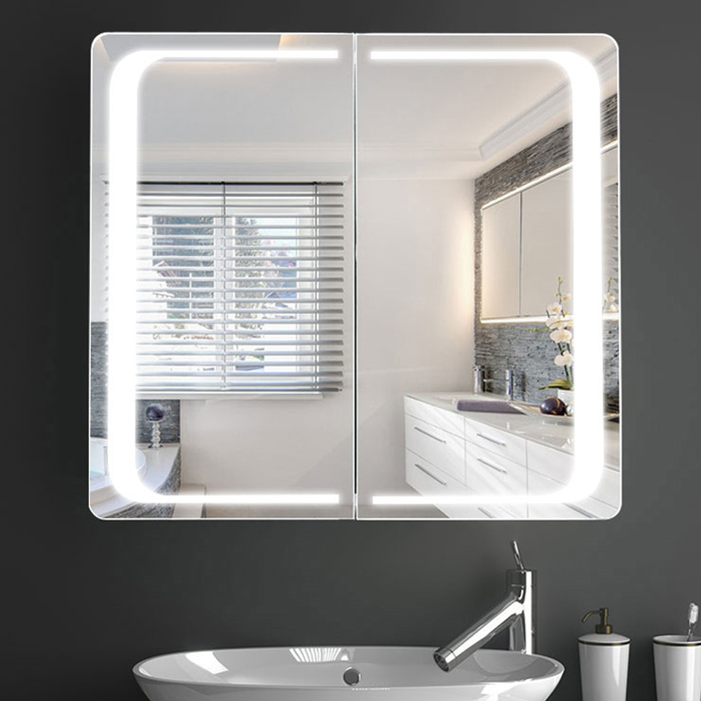 Living and Home Black 2 Door Curved Corner LED Mirror Bathroom Cabinet Image 1