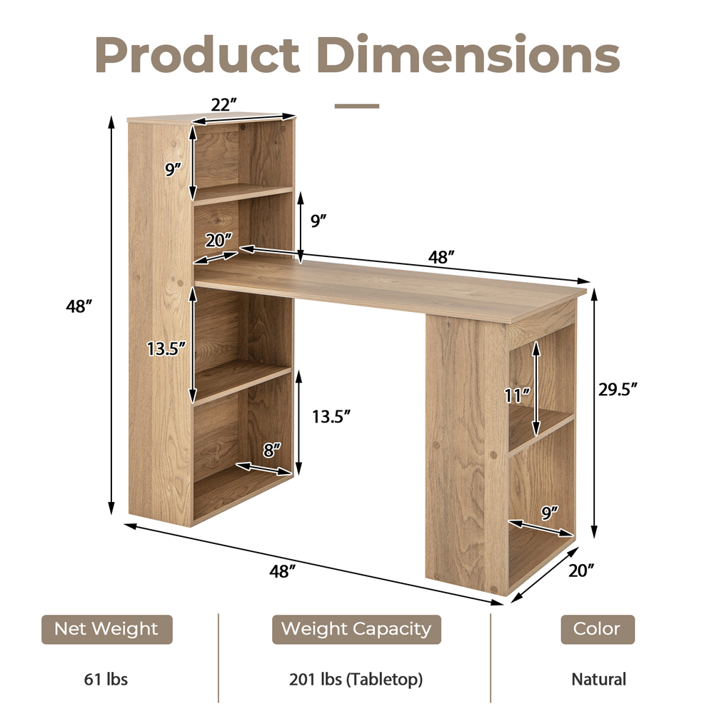 Costway Wooden Computer Desk with Bookshelf Natural Image 9