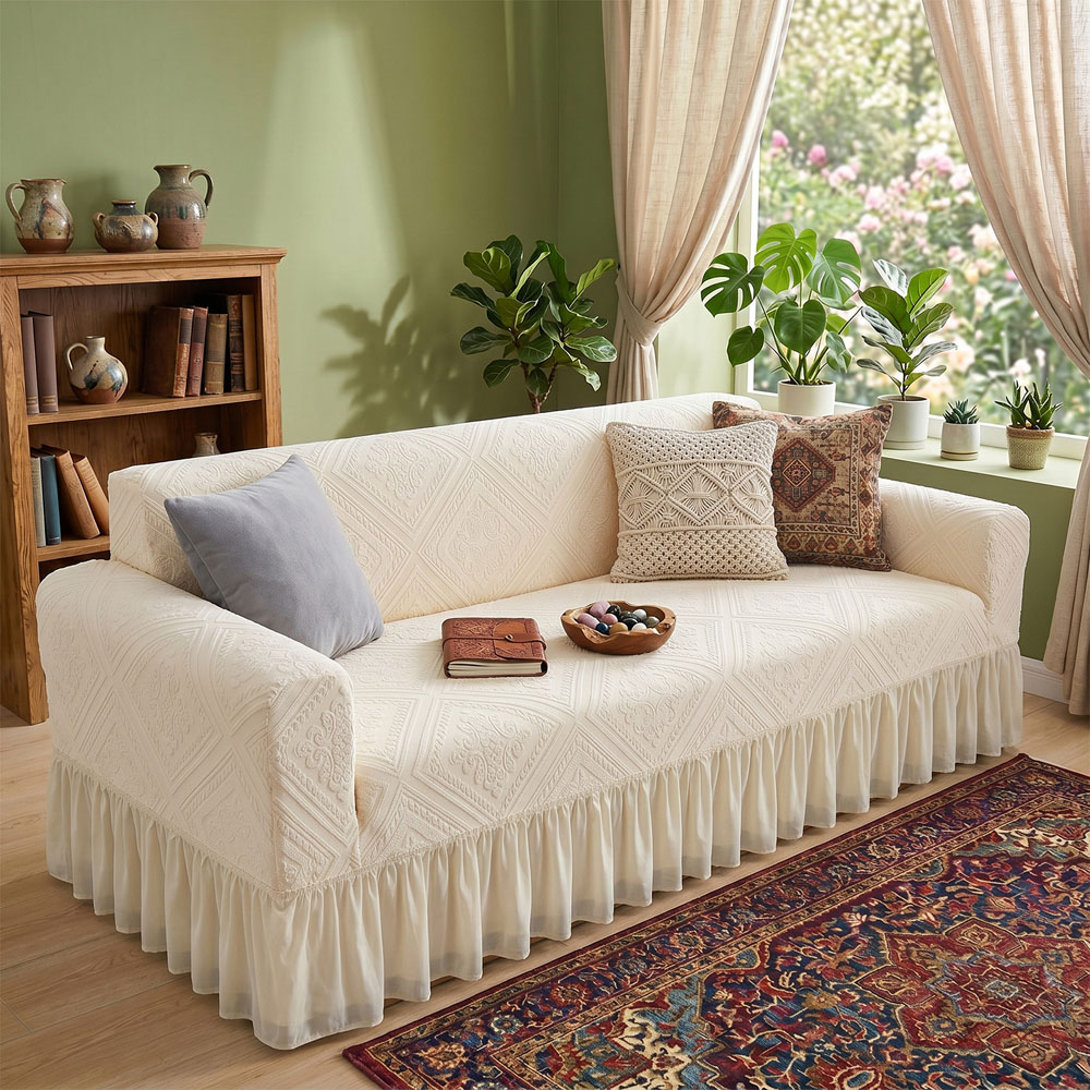 Living and Home 2 Seater Beige Damask 3D Embossed Plush Sofa Cover Image 7