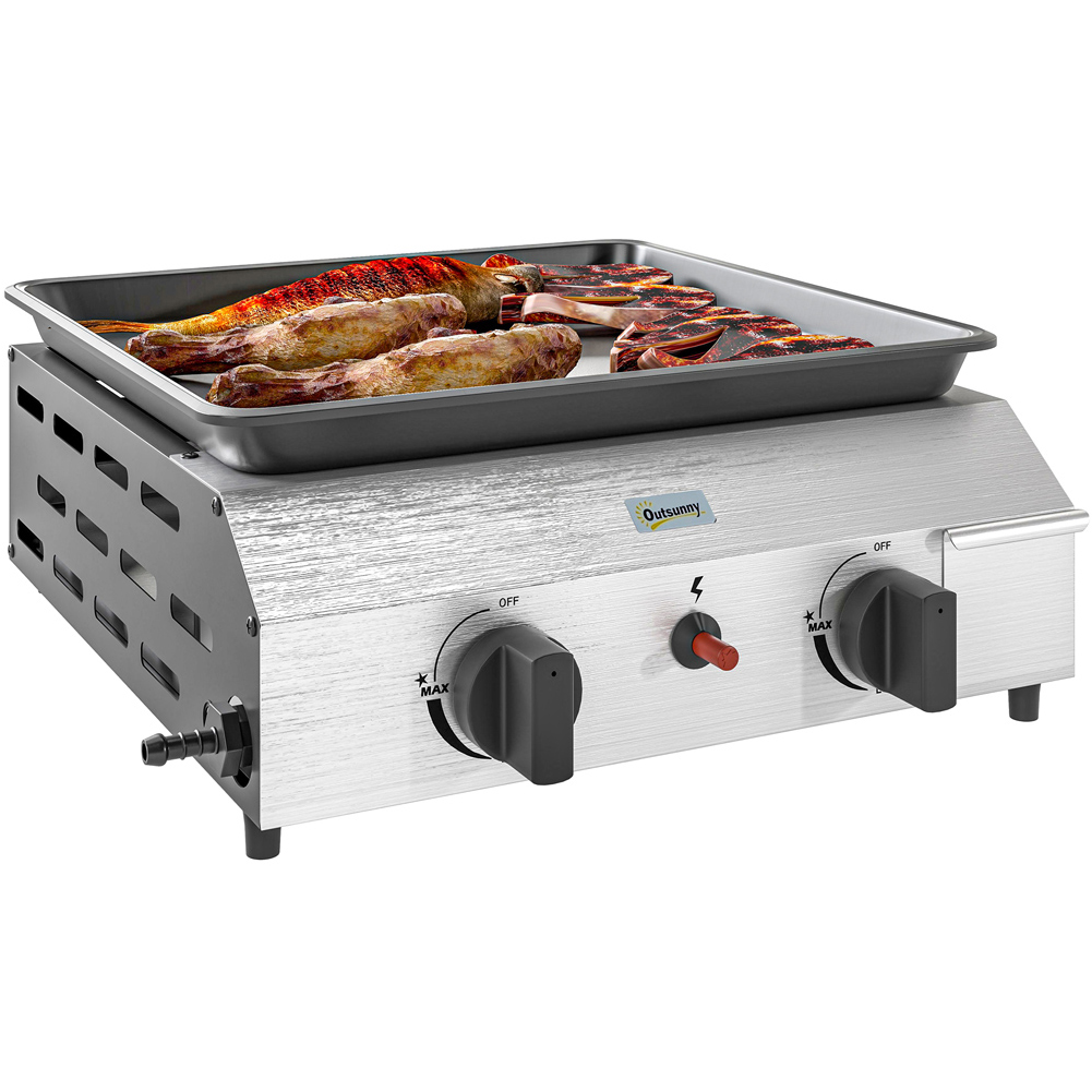 Outsunny Silver Gas Plancha Grill with 2 Stainless Steel Burner Image 1