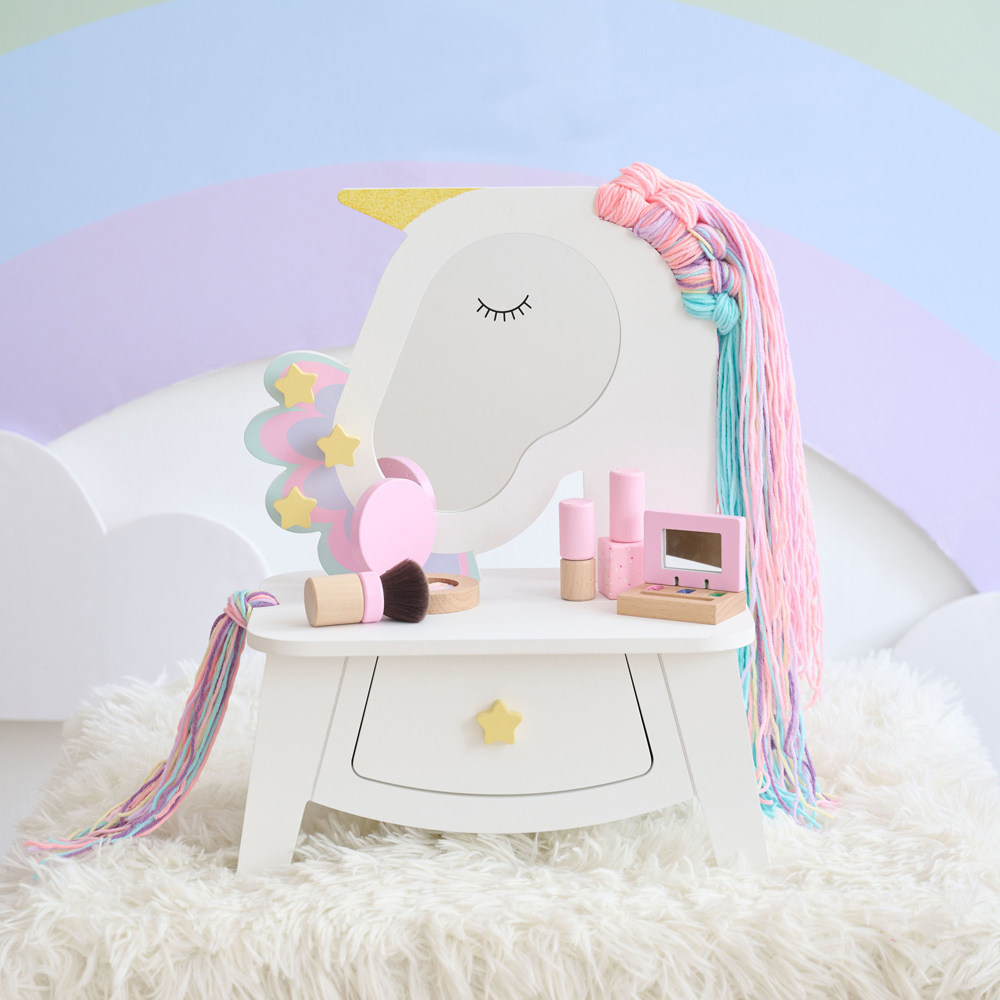 Teamson Kids Dreamy Unicorn White Tabletop Vanity with Real Wool Hair Image 8