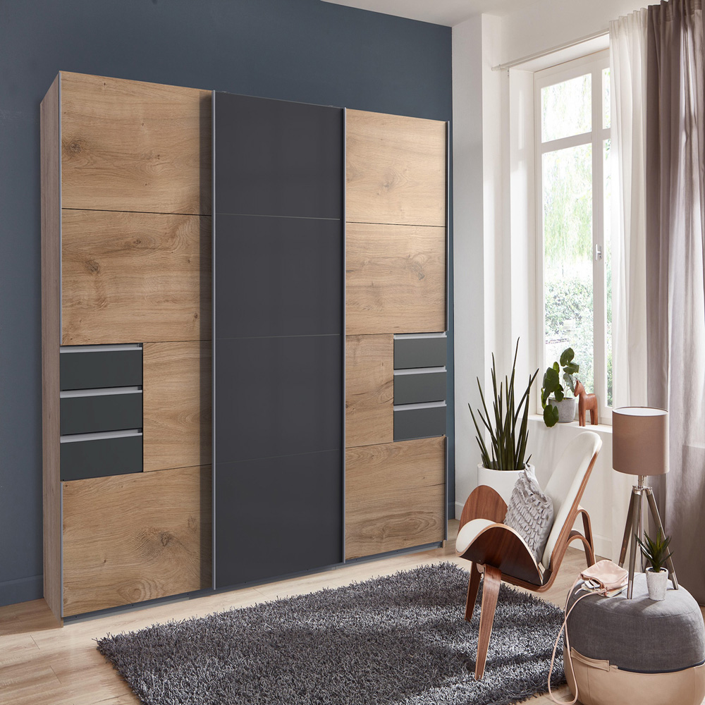 TJ'S Saigon Single Glass Sliding Door 6 Drawer Oak Black Wardrobe Image 4