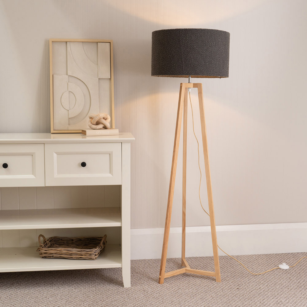 ValueLights Lottie Charcoal Boucle Drum Shade Natural Wood Tripod LED Floor Lamp Image 2