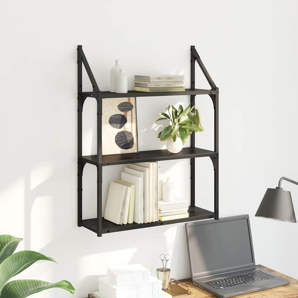 vidaXL 60cm 3 Shelf Black Oak Wall Shelf Image 2