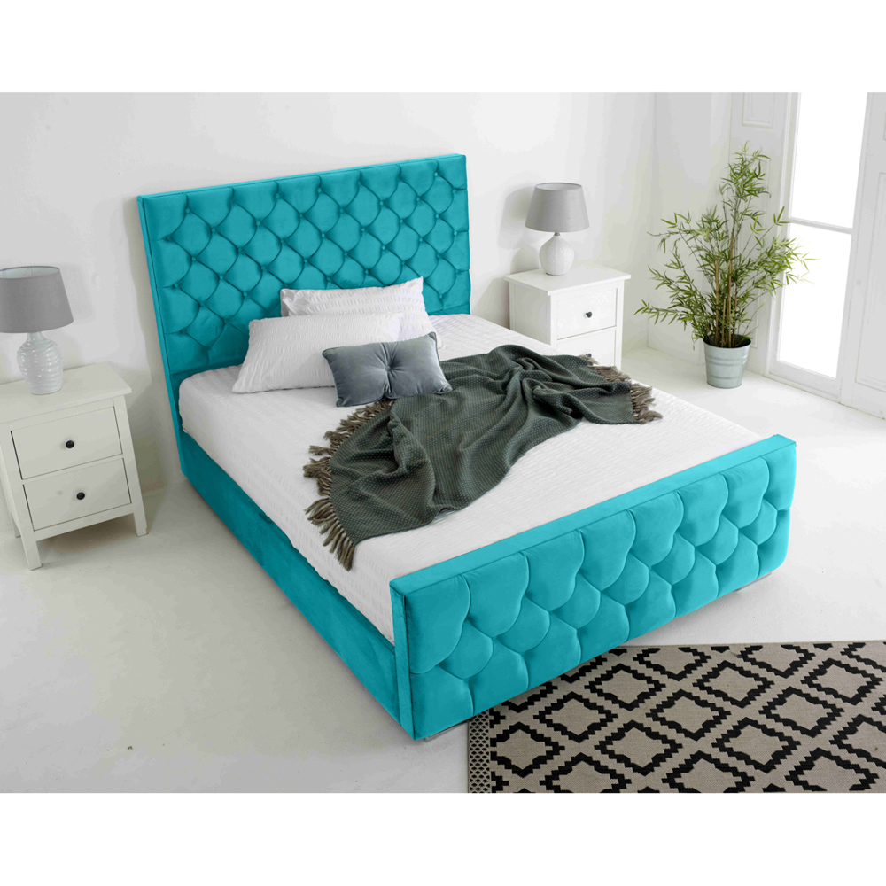 Eleganza Maya Double Teal Plush Velvet Bed Frame with Chesterfield Headboard Image 3