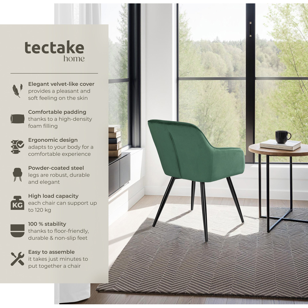 tectake Marilyn Set of 4 Dark Green and Black Velvet Look Padded Dining Chairs Image 7