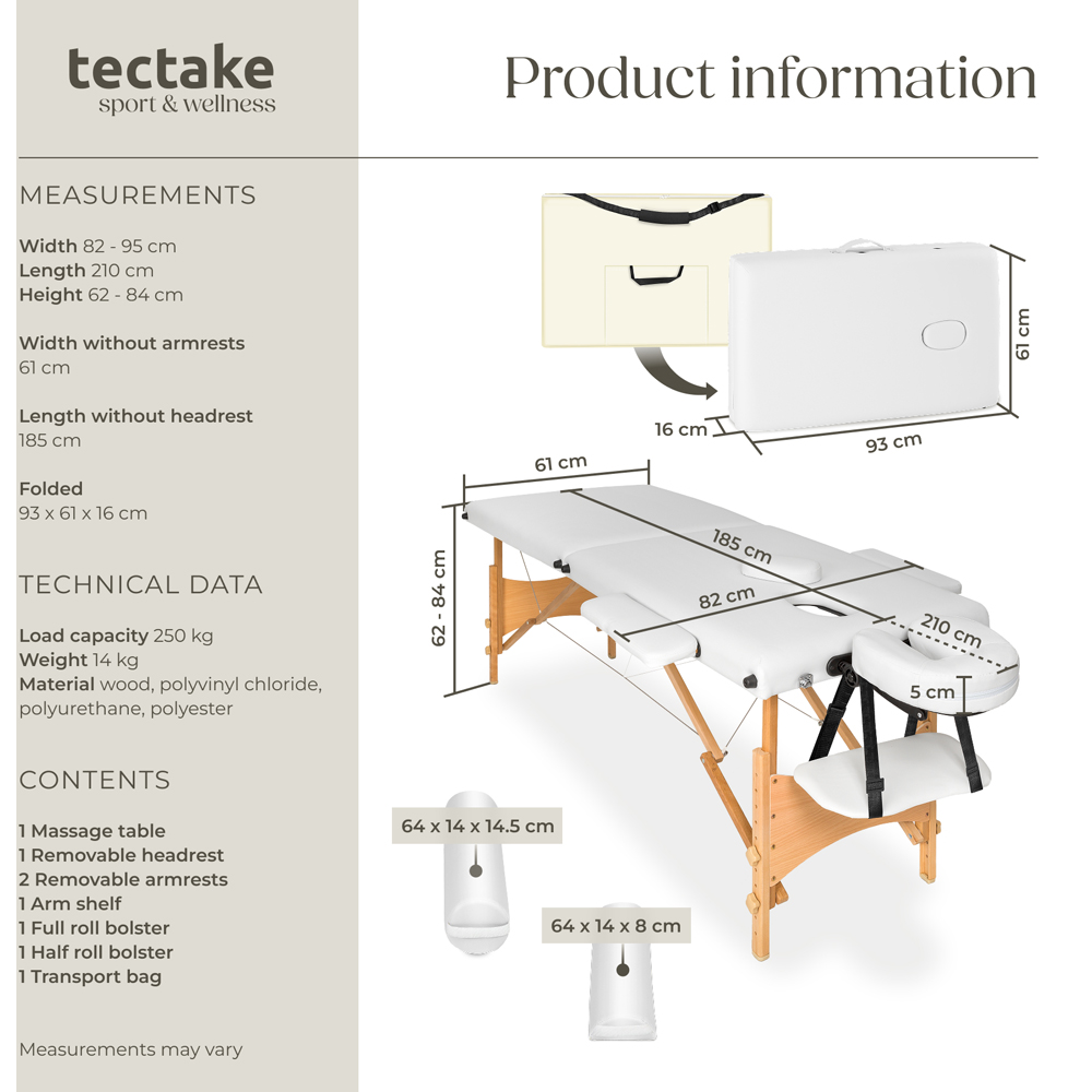 Massage Table - 2-zones with wooden frame, bolsters, carry bag, head and armrests - White Image 9
