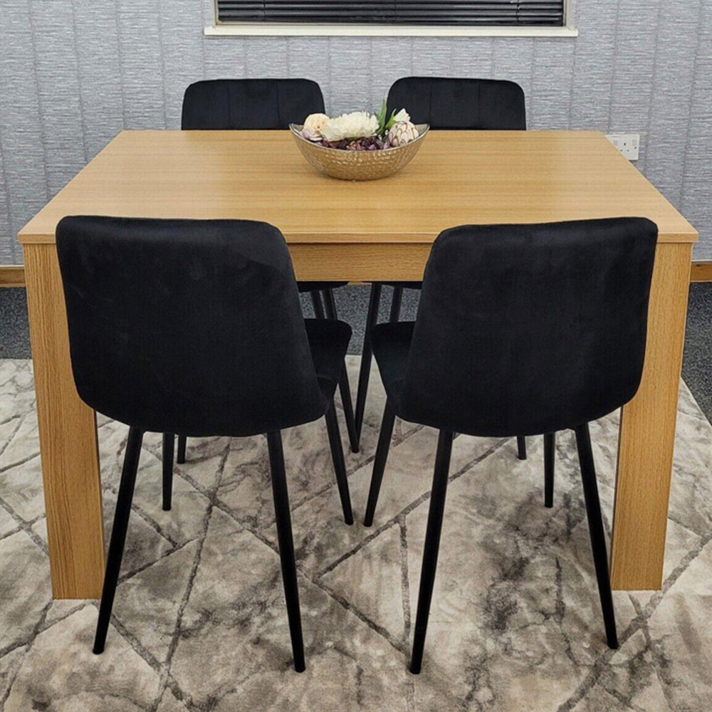 Portland 4 Seater Square Velvet Dining Table Set Oak Effect and Black Image 1