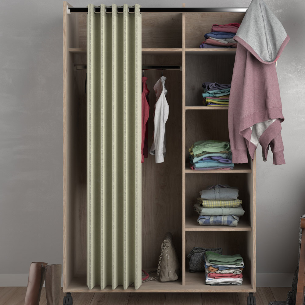 Florence Uppsala 6 Shelf Jackson Hickory Oak Open Mobile Wardrobe with Beige Textile Curtain Image 1