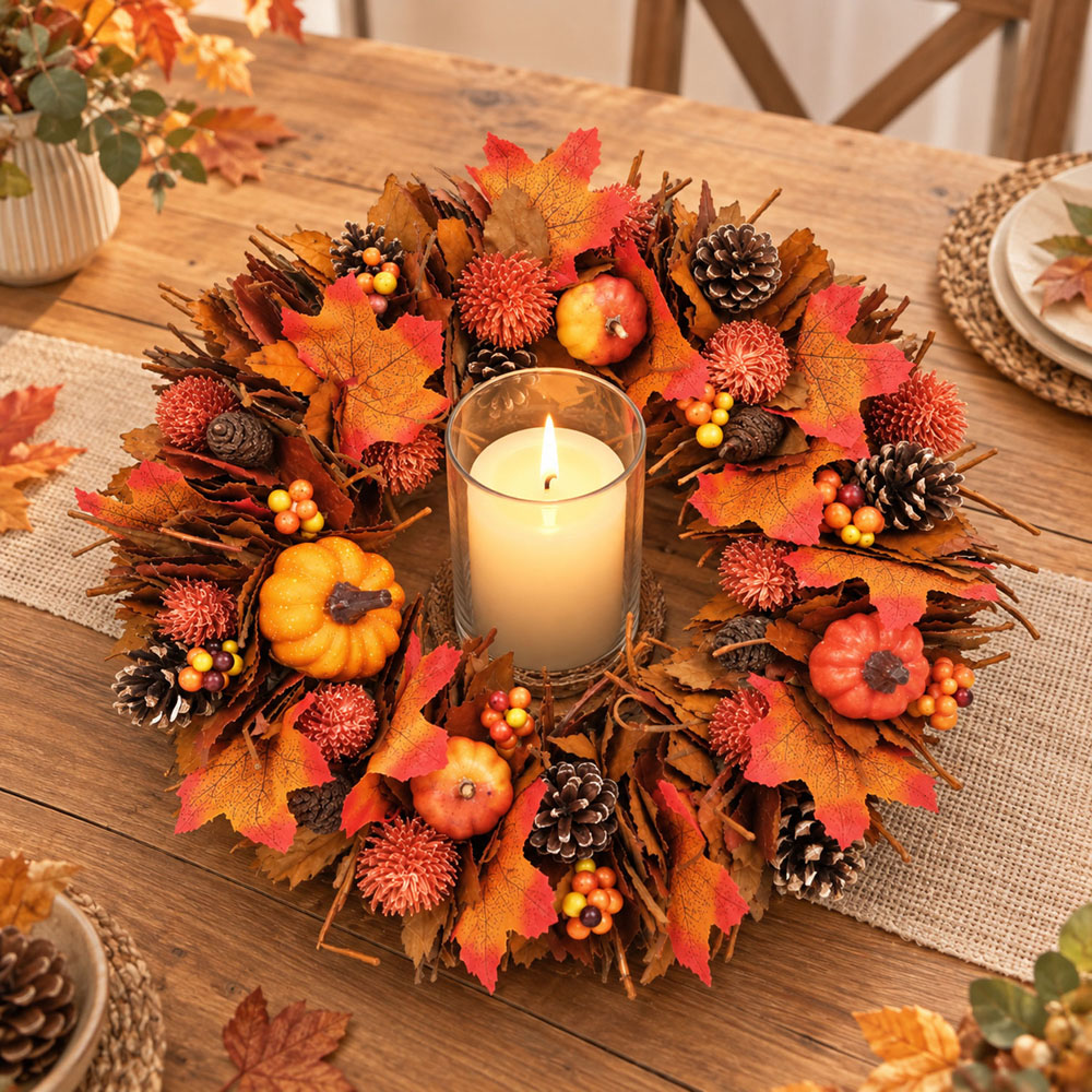 Neo Orange Artificial Autumn Wreath with Maple Leaves and Pumpkins 50cm Image 3