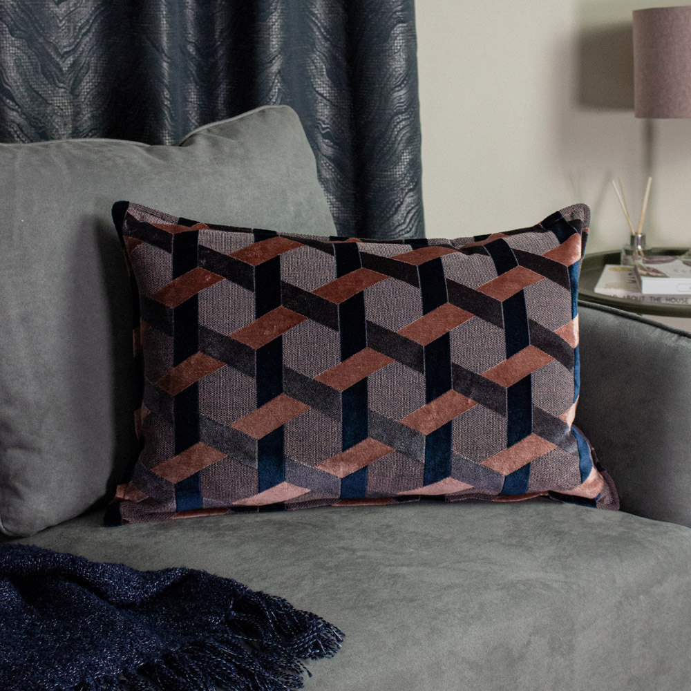 Paoletti Delano Blush and Navy Velvet Jacquard Cushion Image 2