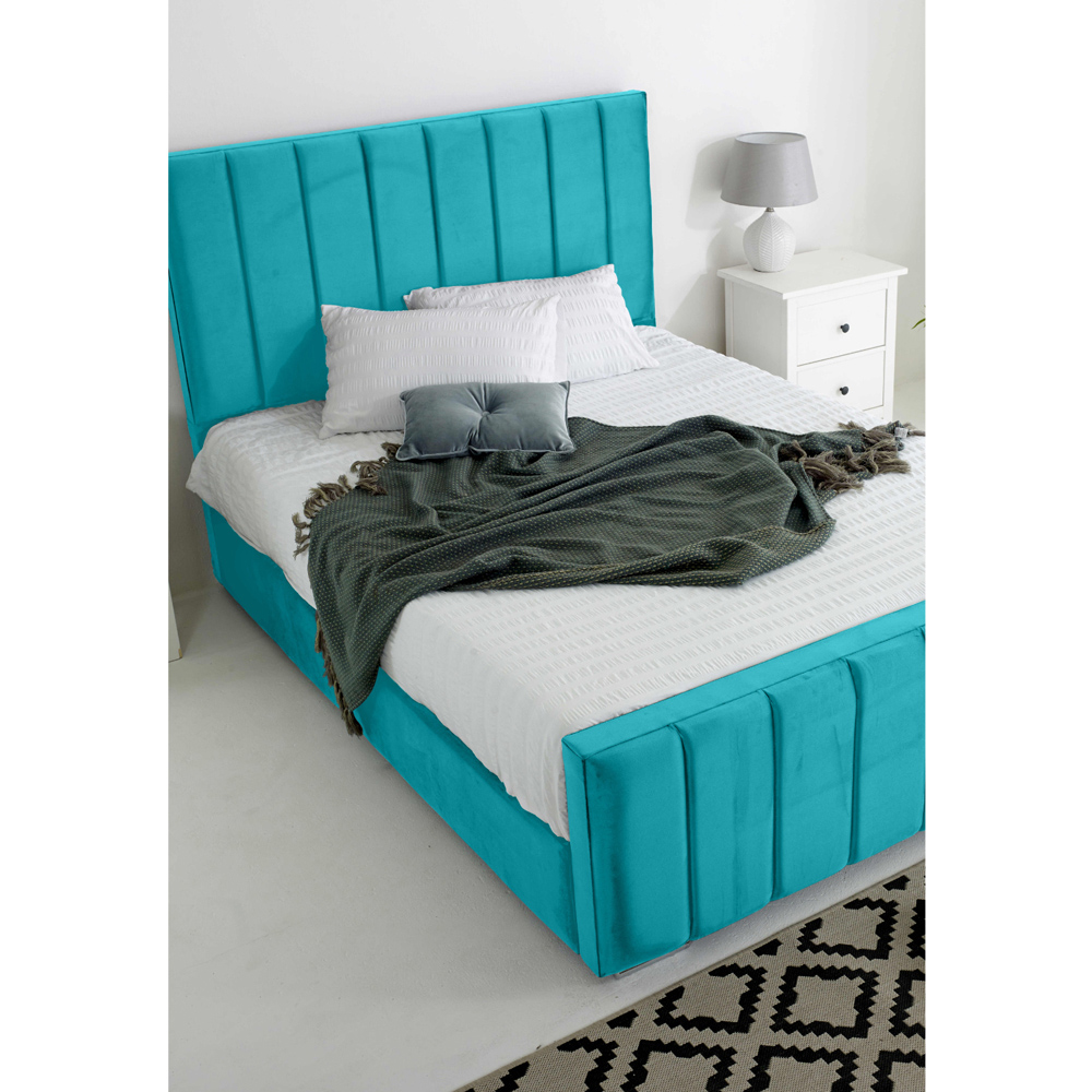 Eleganza Coraline Small Double Teal Plush Velvet Bed Frame with Headboard and Footboard Image 2