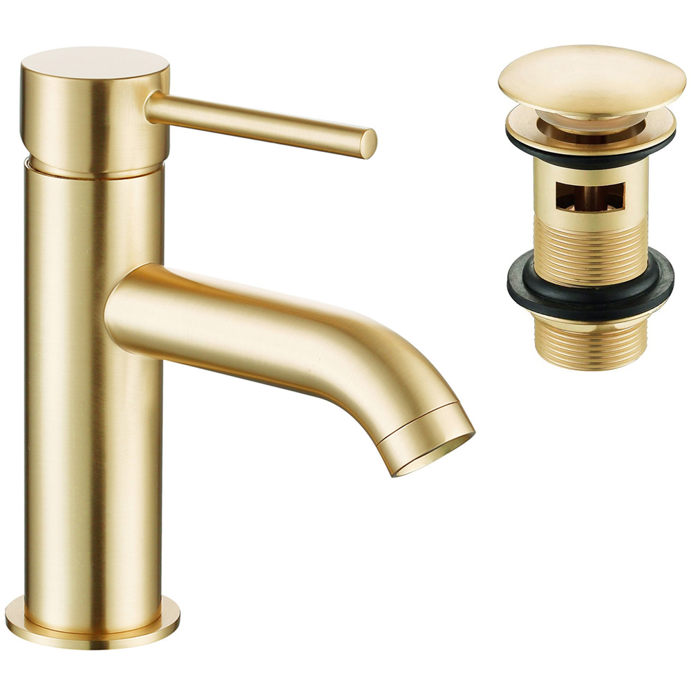 Nes Home Alice Modern Brushed Brass Round Basin Mono Mixer Tap with Waste Image 1