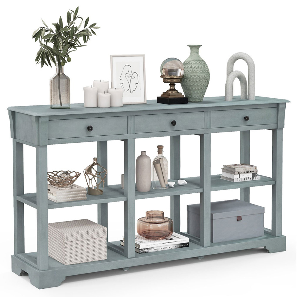 Costway 3 Drawer Open Shelf Blue Retro Console Table Image 4
