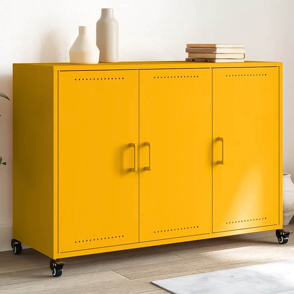 vidaXL 3 Door Mustard Yellow Metal Sideboard Image 1