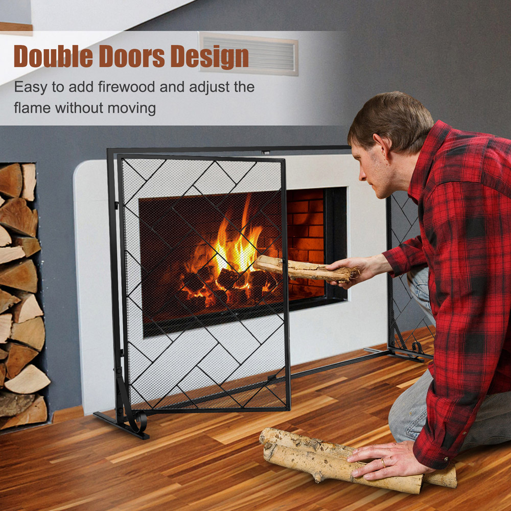 Costway 2 Panel Black Double Magnetic Doors Mesh Fireplace Screen Image 5